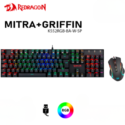 COMBO REDRAGON MITRA+GRIFFIN (K551RGB-BA-SP) GAMING ESSENTIALS / TECLADO+MOUSE / USB 2.0 / BLACK / RGB