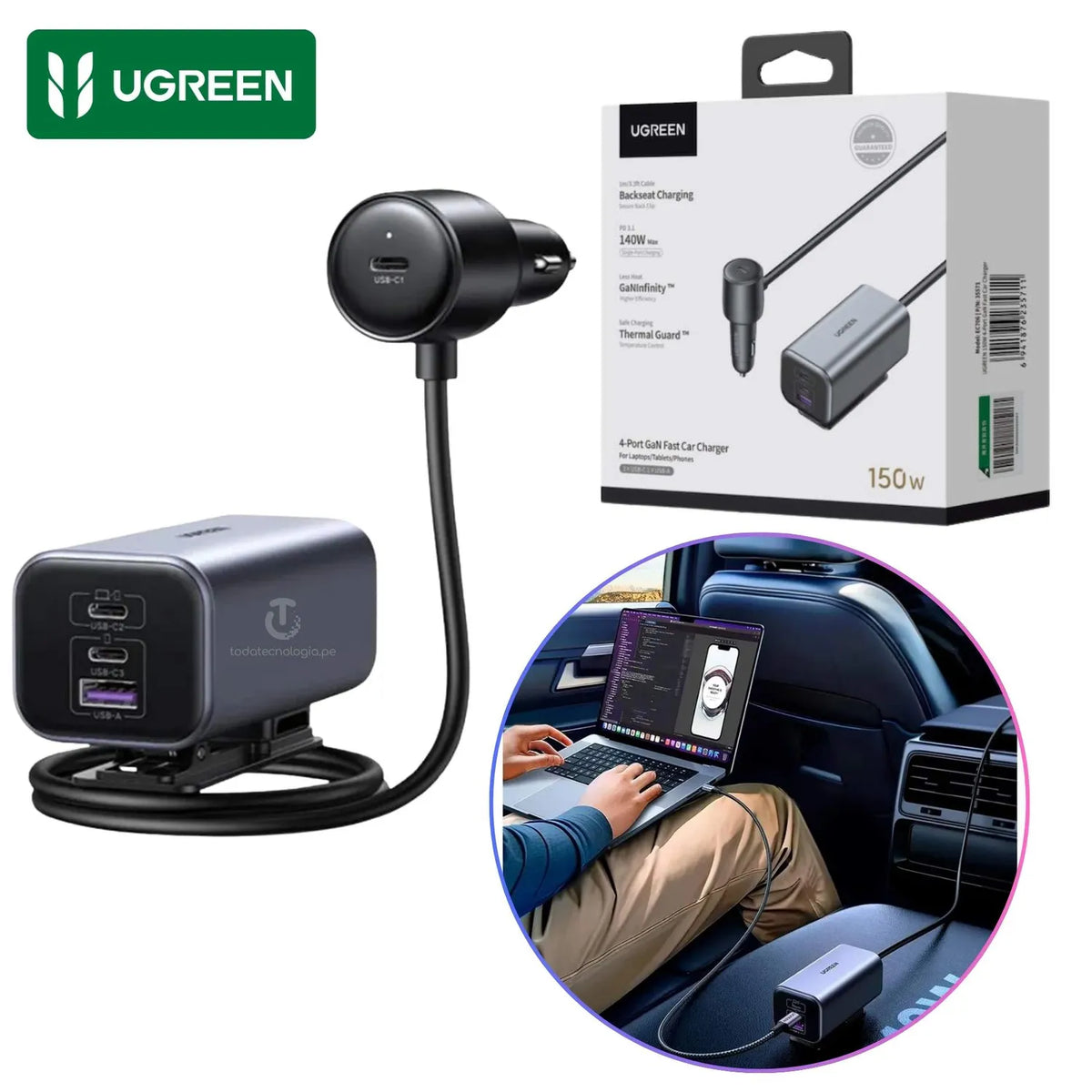 Cargador de Auto UGREEN EC706 150W GaN – 4 Puertos USB-C y USB-A