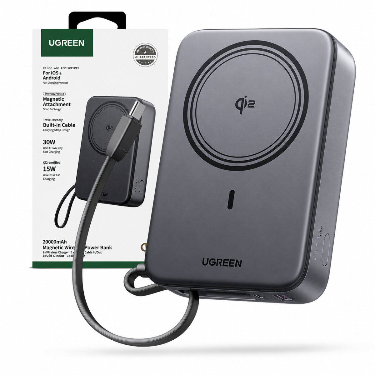 UGREEN Power Bank Magnético Qi2 20000 mAh 30W con Cable USB-C Integrado  Modelo: PB567  55450B