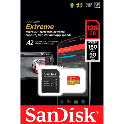 Memoria SanDisk Extreme microSD, 128GB, UHS-I U3, con Adaptador SD.