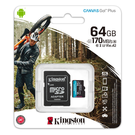 Tarjeta MicroSDXC Kingston Canvas Go Plus 64GB, A2, U3, V30, 170 MB/s