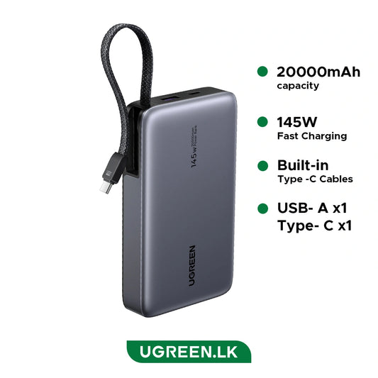 Power Bank UGREEN PB551 20000mAh 145W con Cable USB-C Integrado – 55992B