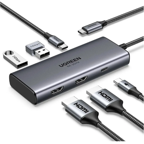 UGREEN 15852 Hub 6 en 1 USB-C | 2× HDMI 4K 60 Hz + 2× USB-C + 2× USB 3.0 + PD 100 W