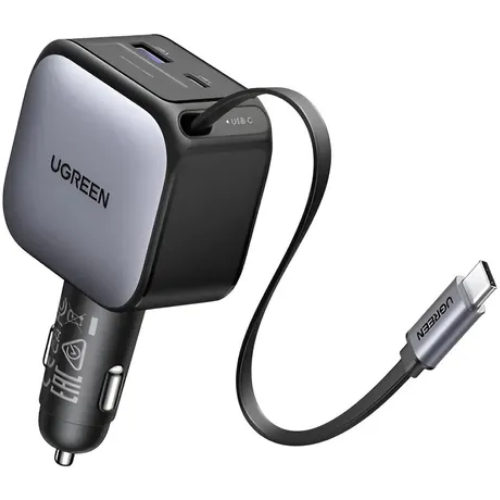 UGREEN 55212B Cargador de Auto 65W Fast Charge | Cable Retráctil USB-C