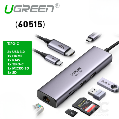 UGREEN 60515  Hub USB-C  HDMI 4K@60Hz, Gigabit, 2×USB 3.0, USB-C Power 100W