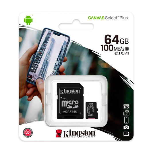 Kingston Micro SD Canvas Memory 64GB Class 10 UHS-I 100Mbs